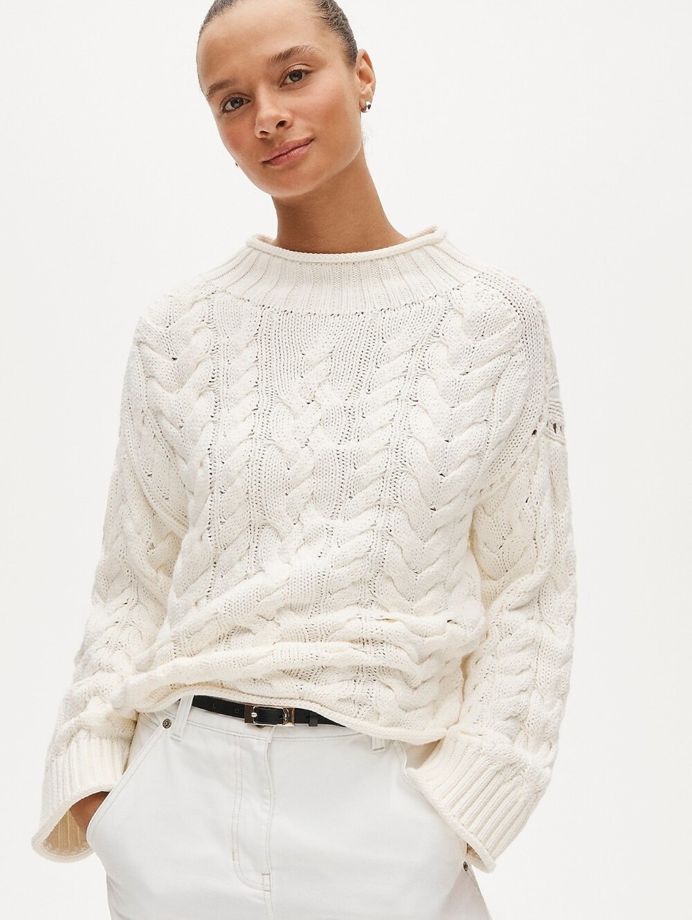 J. Crew 2025 Rollneck Sweater Cable Knit Ivory Off White 100% Cotton Medium